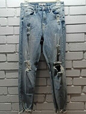 Almost Famous Light Wash Distressed Women's High-Rise Jeans Size 3, Five Pocket